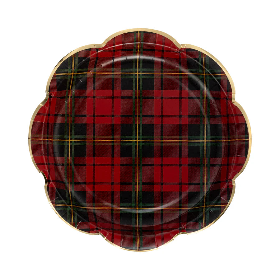 Red Christmas Plaid Round Scalloped Plate