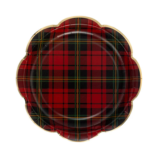 Red Christmas Plaid Round Scalloped Plate